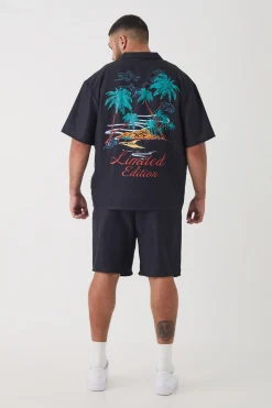 Plus Back Print Linen Look Shirt & Short Set | BoohooMAN UK