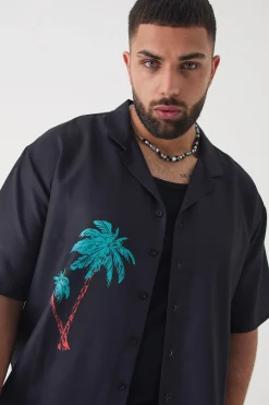 Plus Back Print Linen Look Shirt & Short Set | BoohooMAN UK