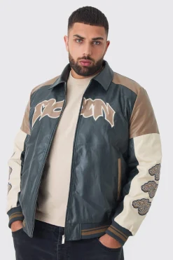 Plus Badge Detail Colour Block PU Varsity Jacket In Black | BoohooMAN UK