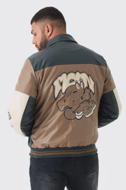 Plus Badge Detail Colour Block PU Varsity Jacket In Black | BoohooMAN UK