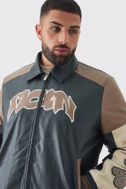 Plus Badge Detail Colour Block PU Varsity Jacket In Black | BoohooMAN UK
