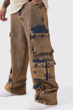 Plus Baggy Fit Acid Wash Cargo Jeans | BoohooMAN UK