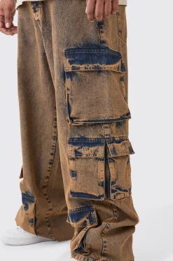 Plus Baggy Fit Acid Wash Cargo Jeans | BoohooMAN UK