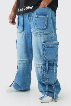 Plus Baggy Rigid Multi Pocket Strap Detail Cargo Jeans | BoohooMAN UK
