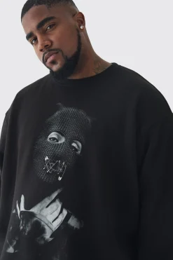 Plus Balaclava Graphic Oversized Sweatshirt | BoohooMAN UK