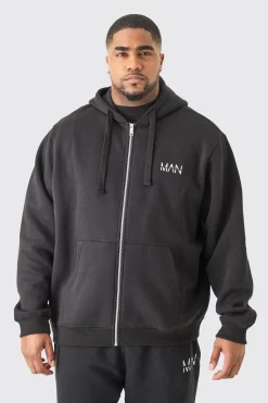 Plus Basic Man Dash Zip Through Hoodie In Black | BoohooMAN UK