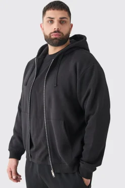 Plus Basic Zip Through Hoodie In Black | BoohooMAN UK