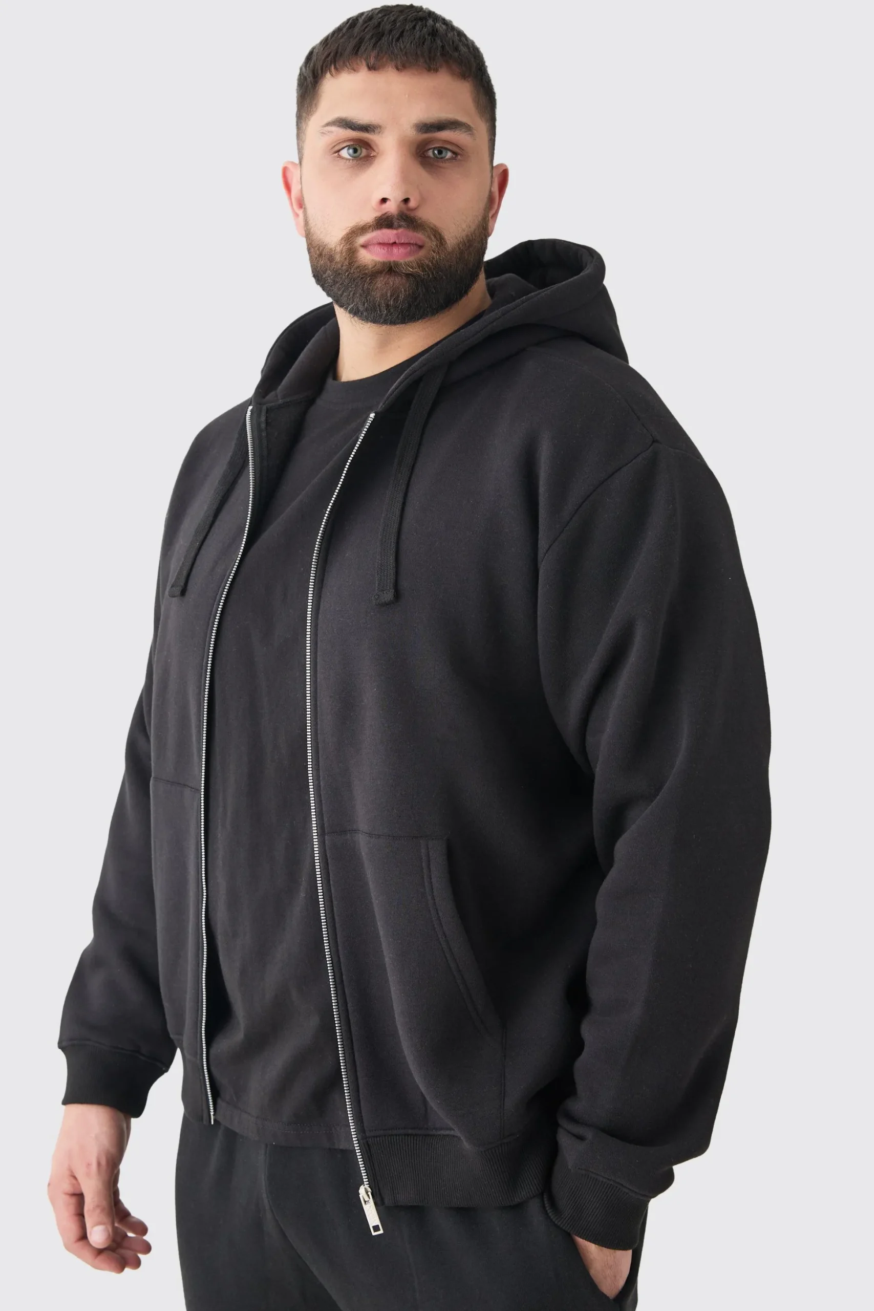 Plus Basic Zip Through Hoodie In Black | BoohooMAN UK