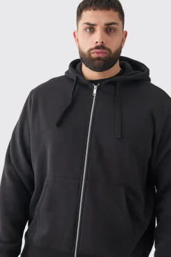 Plus Basic Zip Through Hoodie In Black | BoohooMAN UK