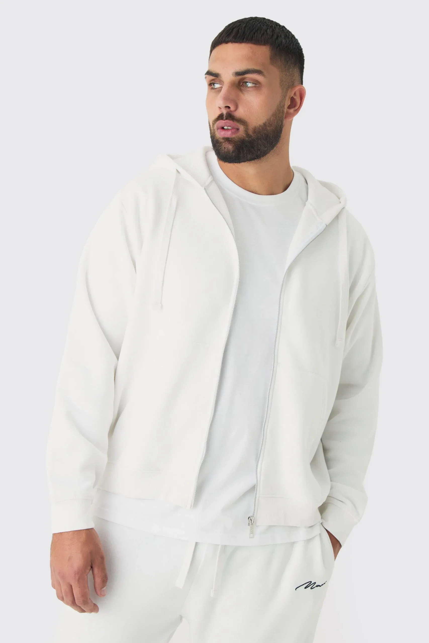 Plus Basic Zip Through Hoodie In White | BoohooMAN UK