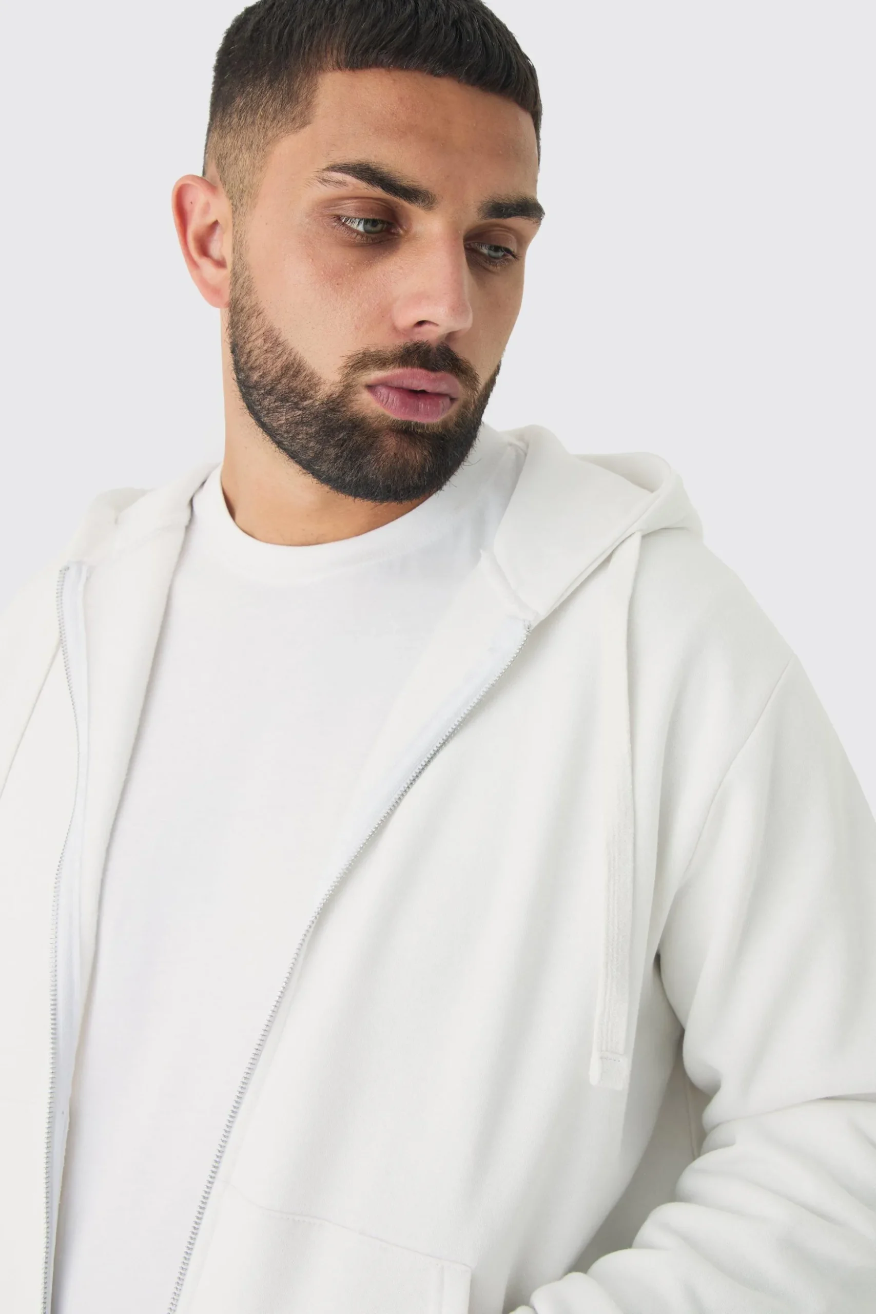 Plus Basic Zip Through Hoodie In White | BoohooMAN UK