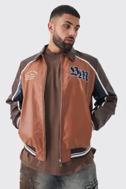 Plus BM Badge Collared PU Varsity Jacket In Brown | BoohooMAN UK