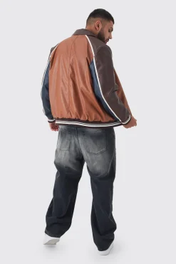 Plus BM Badge Collared PU Varsity Jacket In Brown | BoohooMAN UK