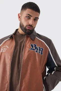 Plus BM Badge Collared PU Varsity Jacket In Brown | BoohooMAN UK