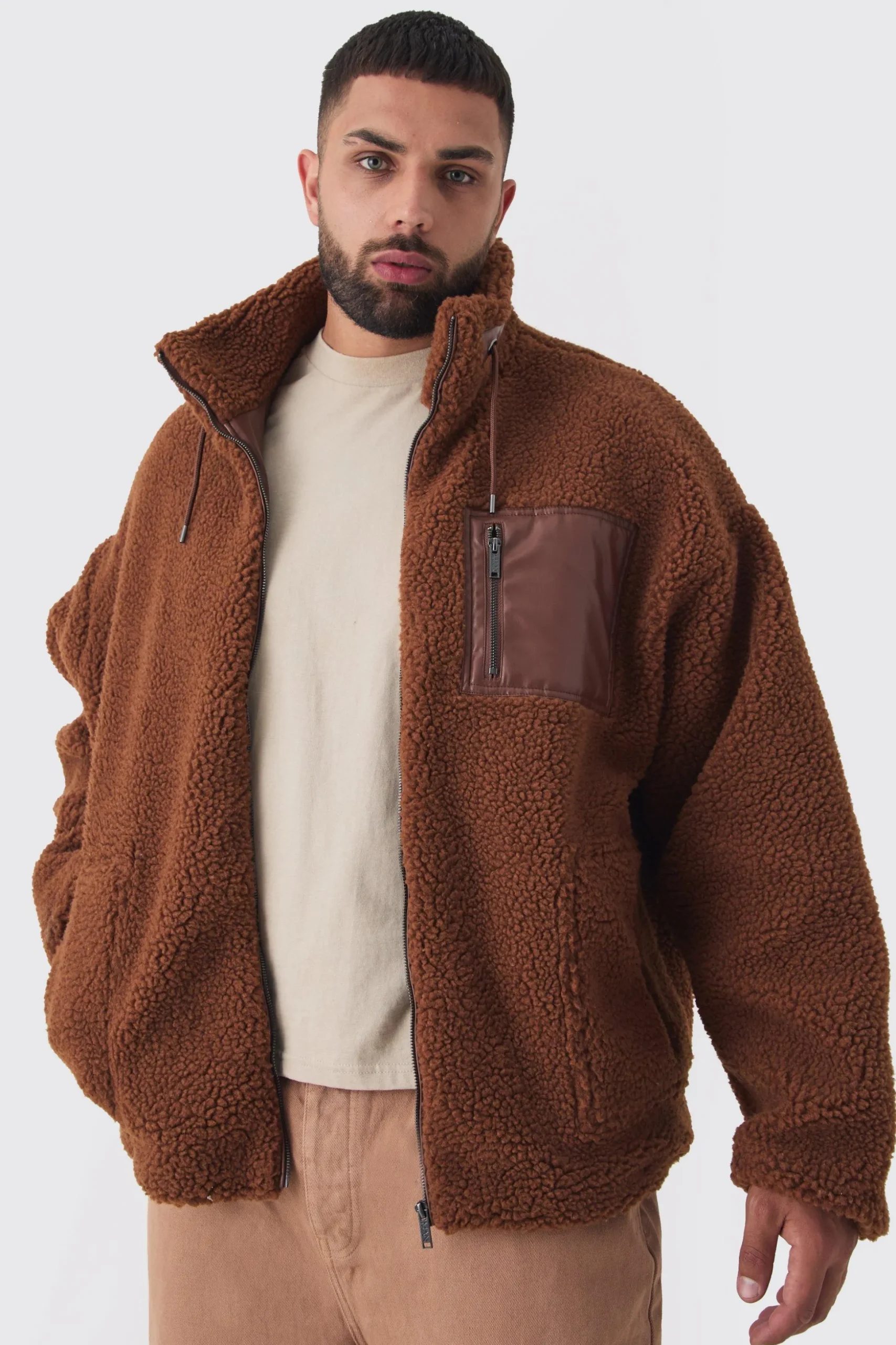 Plus Borg Funnel Neck Jacket With PU Pocket In Tan | BoohooMAN UK