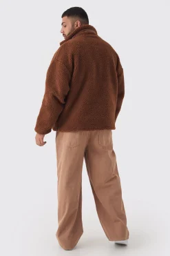 Plus Borg Funnel Neck Jacket With PU Pocket In Tan | BoohooMAN UK