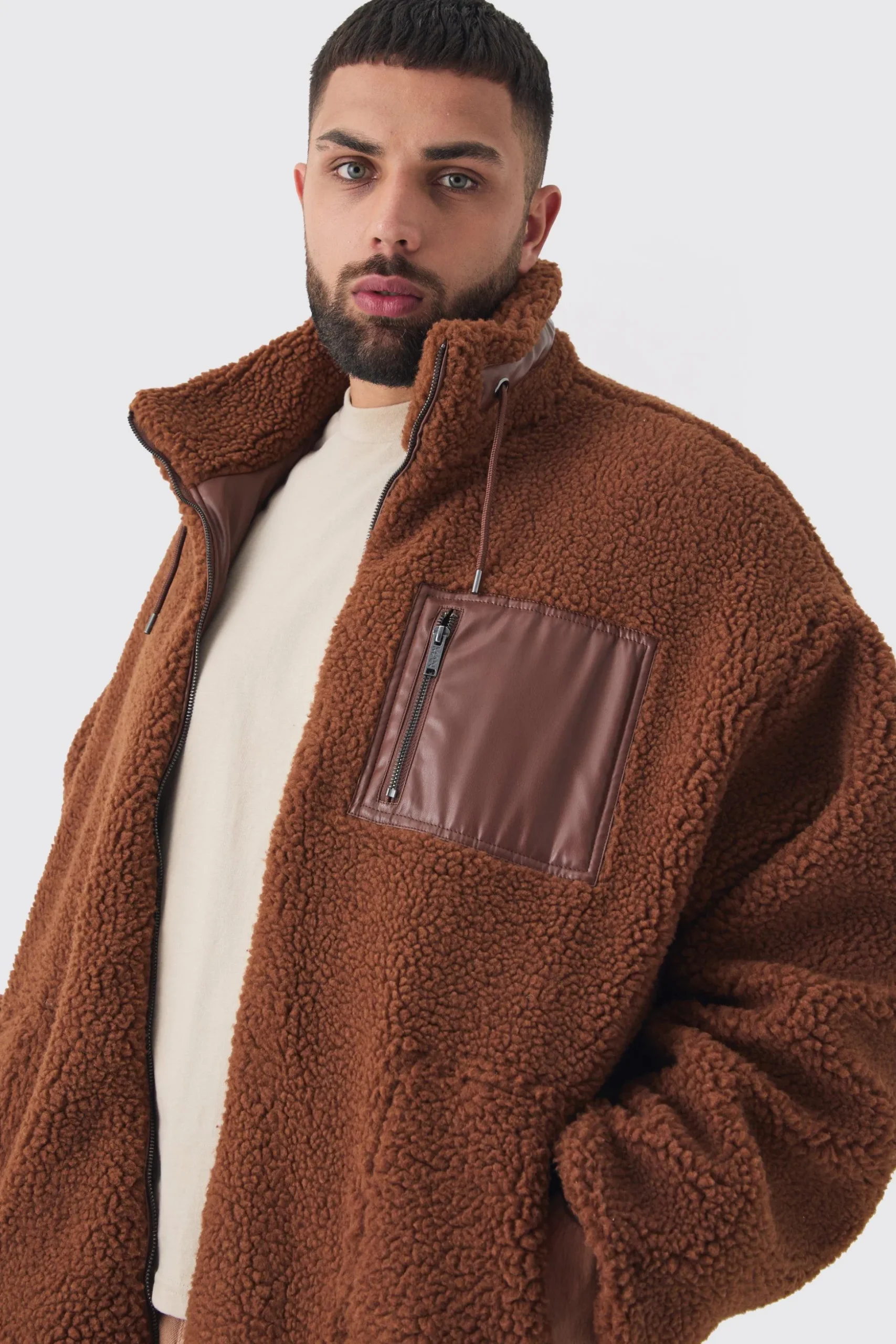 Plus Borg Funnel Neck Jacket With PU Pocket In Tan | BoohooMAN UK