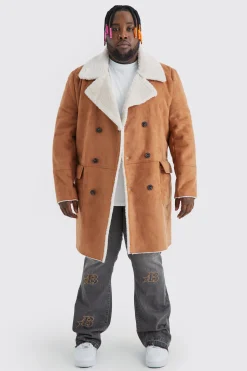 Plus Borg Lined Double Breasted Overcoat In Tan | BoohooMAN UK
