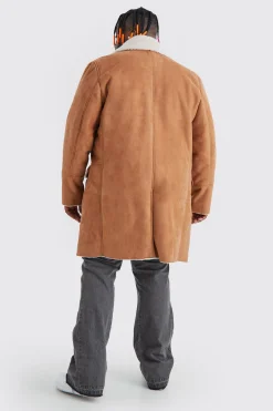 Plus Borg Lined Double Breasted Overcoat In Tan | BoohooMAN UK