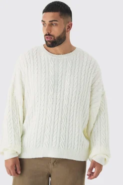 Plus Boucle Cable Knit Oversized Jumper | BoohooMAN UK