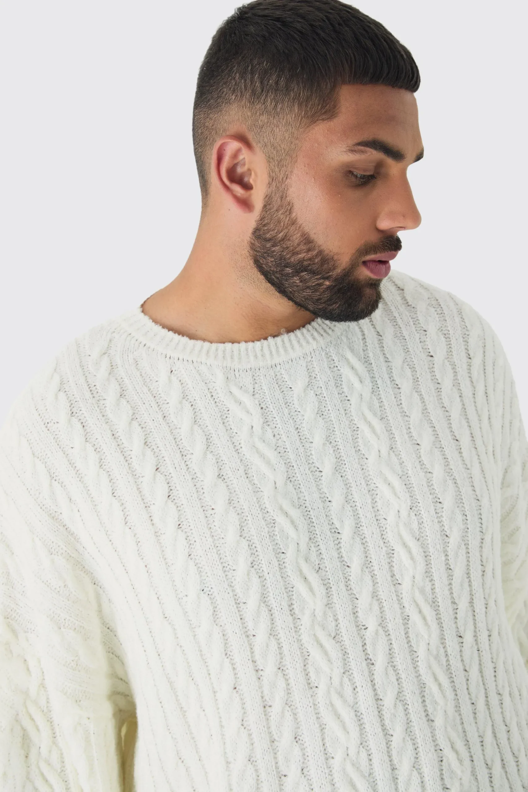 Plus Boucle Cable Knit Oversized Jumper | BoohooMAN UK