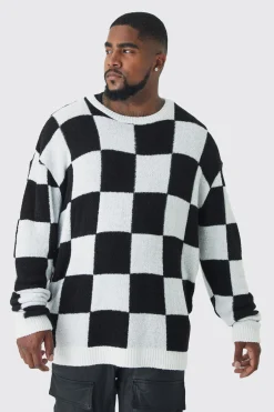 Plus Boucle Knit Checkered Crew Neck Jumper | BoohooMAN UK