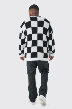 Plus Boucle Knit Checkered Crew Neck Jumper | BoohooMAN UK