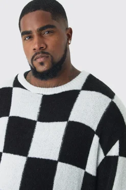 Plus Boucle Knit Checkered Crew Neck Jumper | BoohooMAN UK