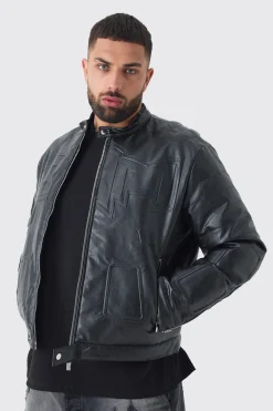 Plus Boxy BHM PU Collarless Moto Biker Jacket In Black | BoohooMAN UK