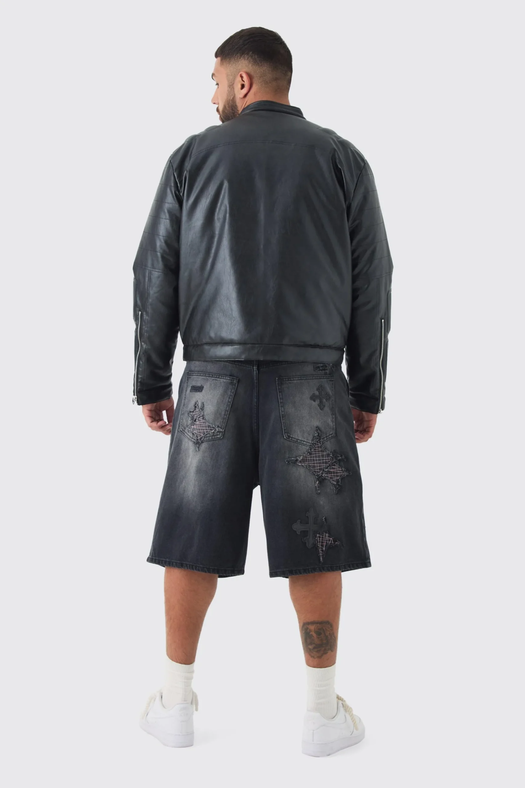 Plus Boxy BHM PU Collarless Moto Biker Jacket In Black | BoohooMAN UK