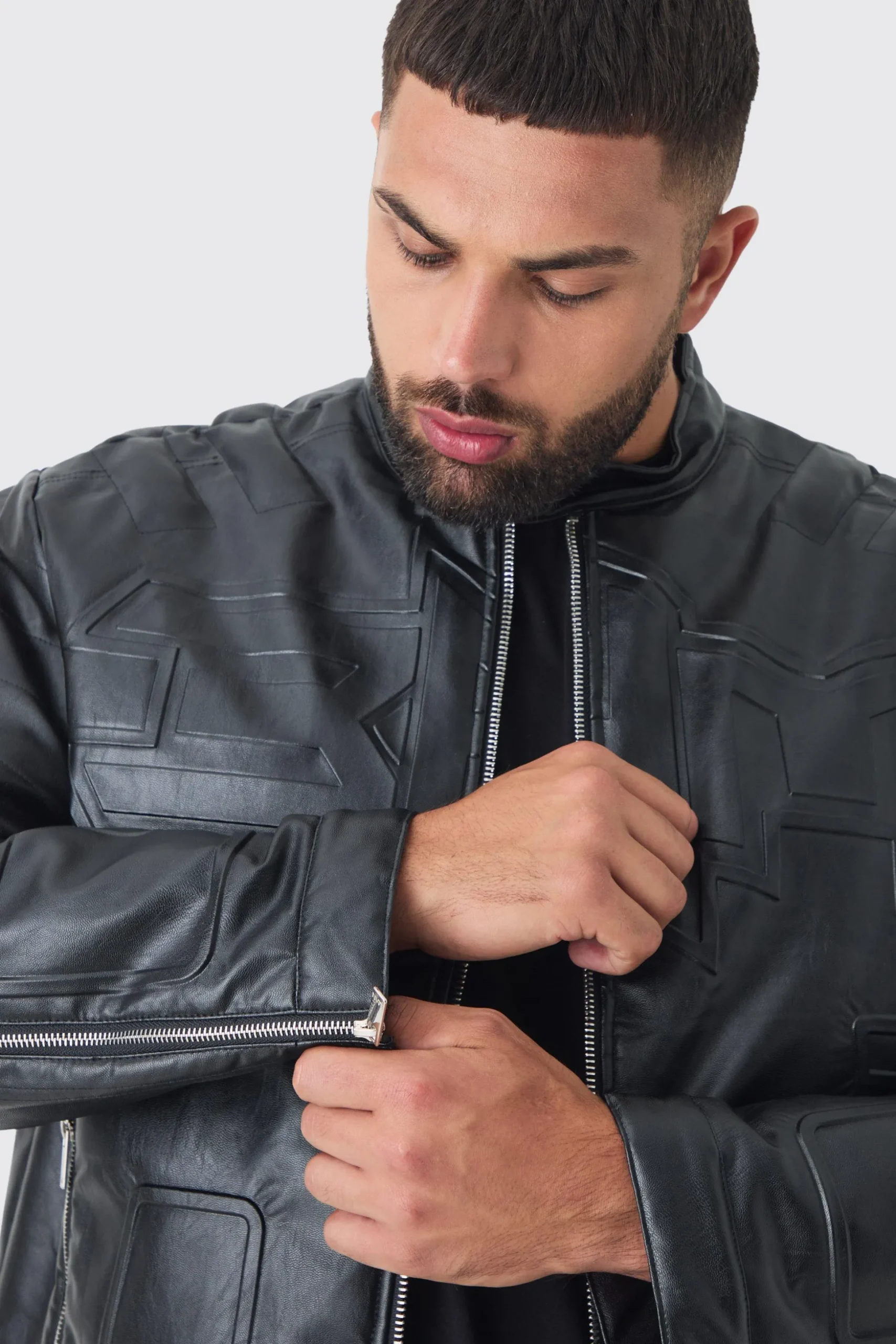 Plus Boxy BHM PU Collarless Moto Biker Jacket In Black | BoohooMAN UK