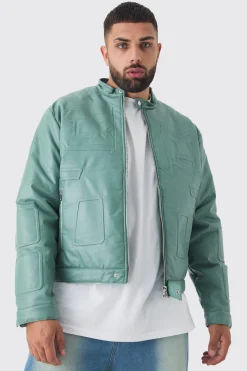 Plus Boxy BHM PU Collarless Moto Biker Jacket In Sage | BoohooMAN UK