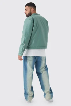 Plus Boxy BHM PU Collarless Moto Biker Jacket In Sage | BoohooMAN UK