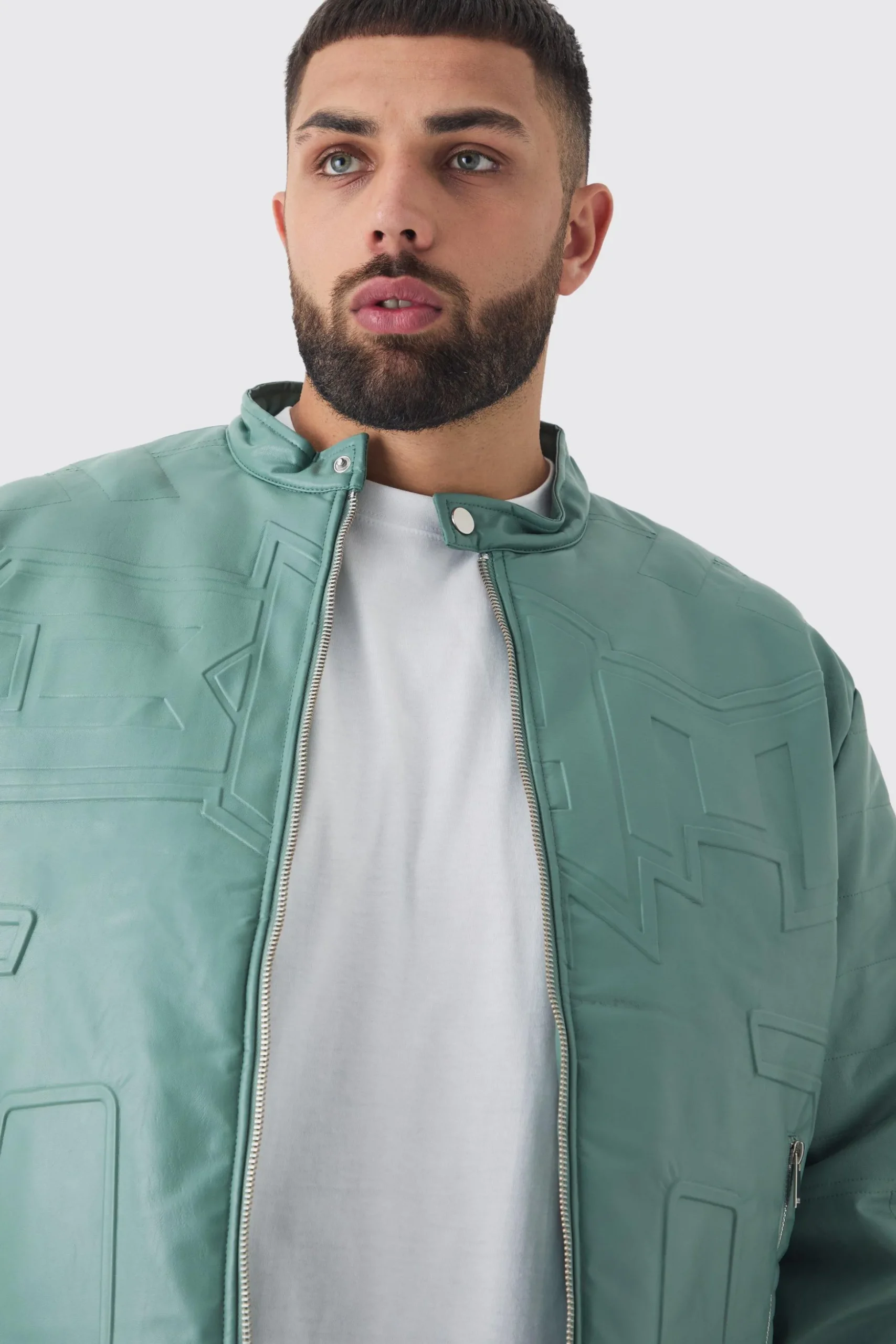 Plus Boxy BHM PU Collarless Moto Biker Jacket In Sage | BoohooMAN UK