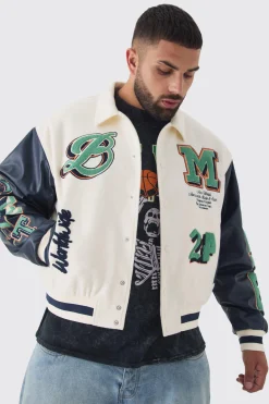 Plus Boxy BM Badge Collared Varsity Jacket In Ecru | BoohooMAN UK