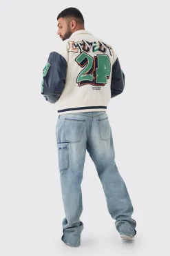 Plus Boxy BM Badge Collared Varsity Jacket In Ecru | BoohooMAN UK
