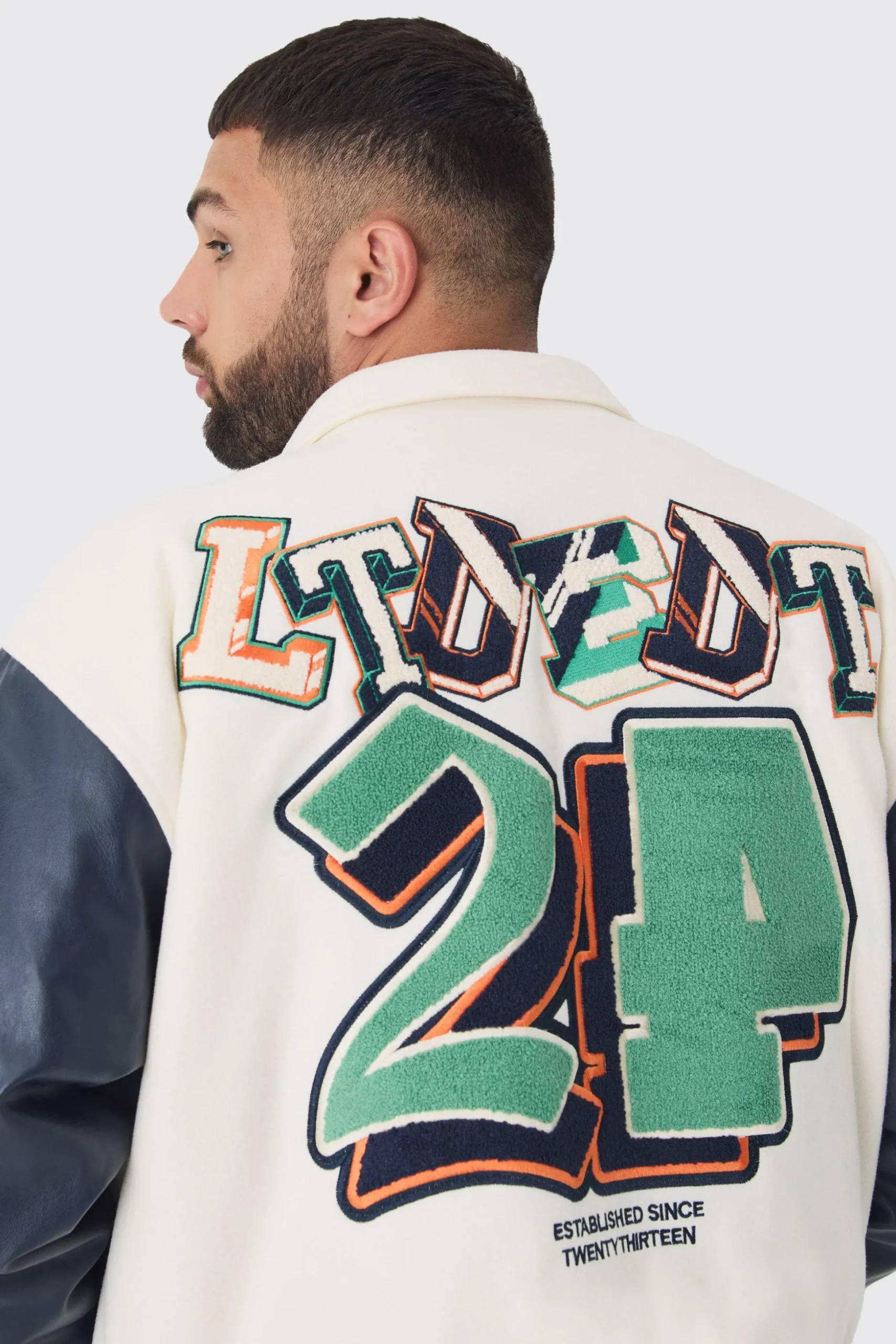 Plus Boxy BM Badge Collared Varsity Jacket In Ecru | BoohooMAN UK