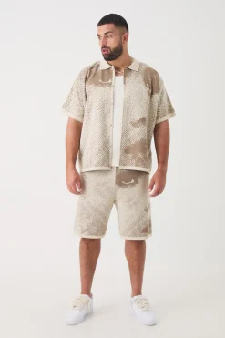 Plus Boxy Face Jacquard Knitted Shirt & Short Set | BoohooMAN UK