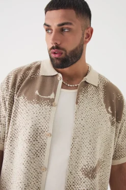 Plus Boxy Face Jacquard Knitted Shirt & Short Set | BoohooMAN UK