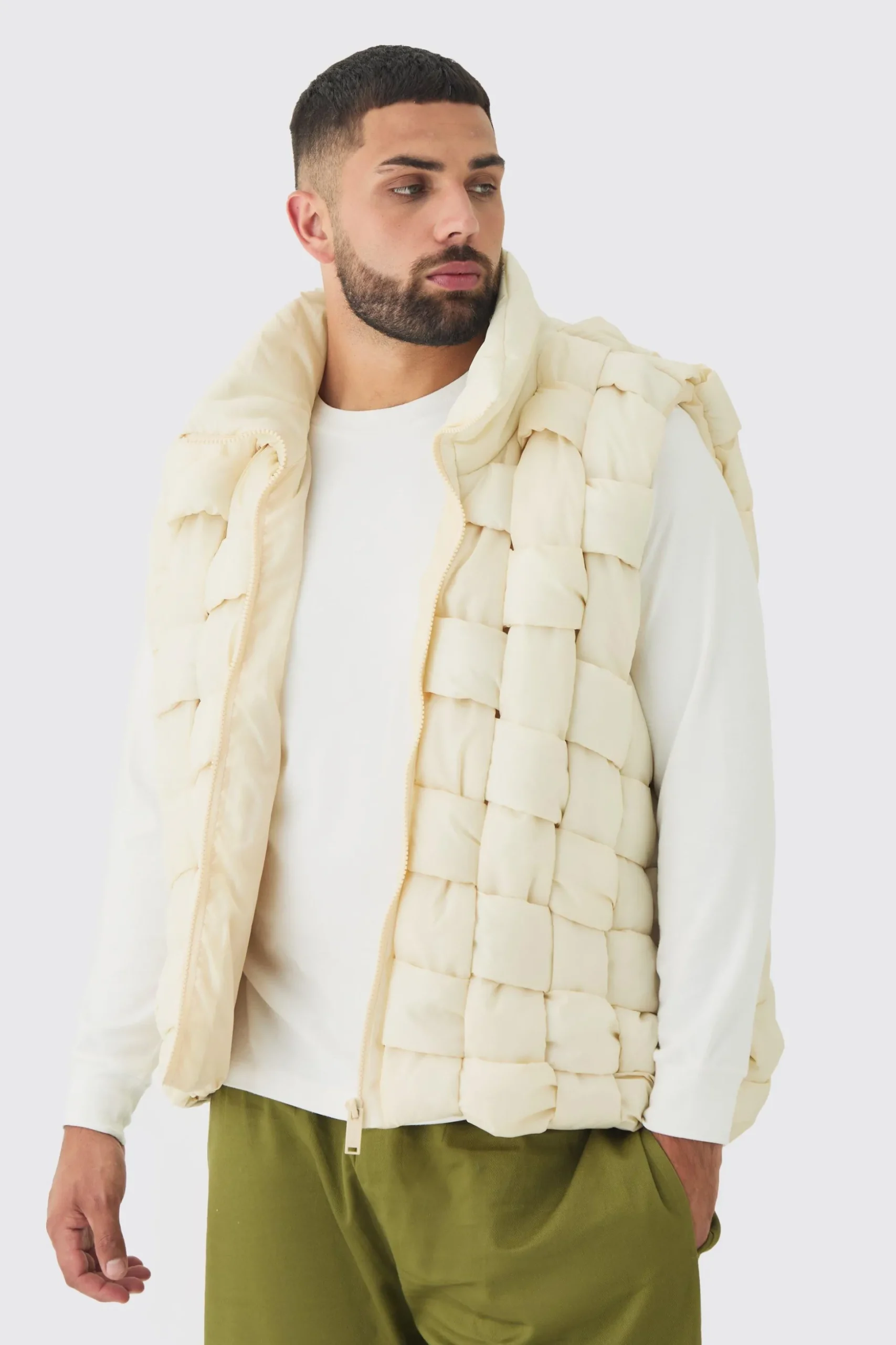 Plus Boxy Fit Hand Weft Padded Gilet In Stone | BoohooMAN UK