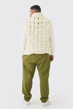 Plus Boxy Fit Hand Weft Padded Gilet In Stone | BoohooMAN UK