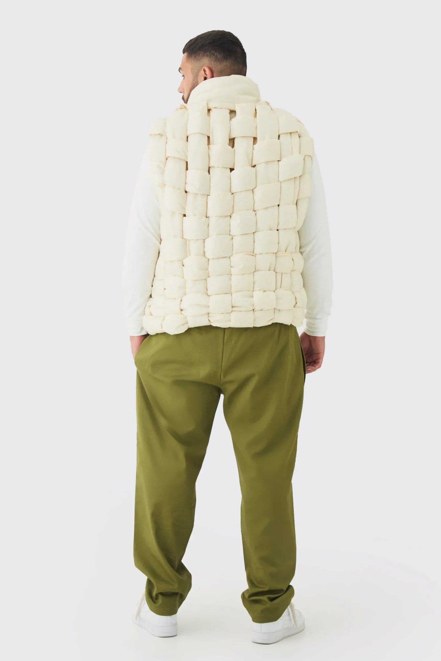 Plus Boxy Fit Hand Weft Padded Gilet In Stone | BoohooMAN UK