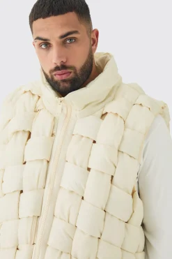 Plus Boxy Fit Hand Weft Padded Gilet In Stone | BoohooMAN UK