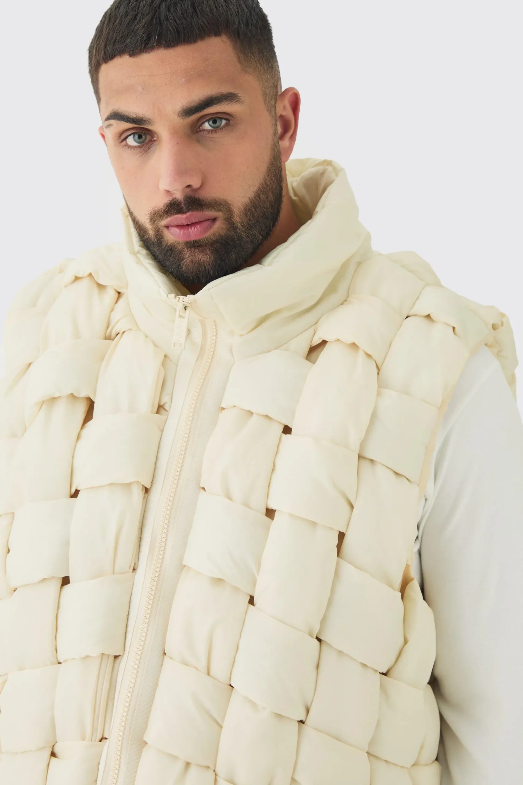 Plus Boxy Fit Hand Weft Padded Gilet In Stone | BoohooMAN UK