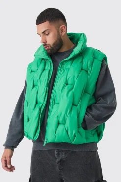 Plus Boxy Fit Hand Weft Padded Gilet In Green | BoohooMAN UK