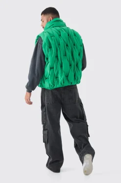 Plus Boxy Fit Hand Weft Padded Gilet In Green | BoohooMAN UK