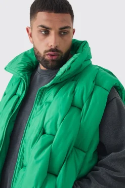 Plus Boxy Fit Hand Weft Padded Gilet In Green | BoohooMAN UK