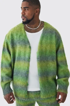 Plus Boxy Fit Knitted Brushed Stripe Cardigan | BoohooMAN UK