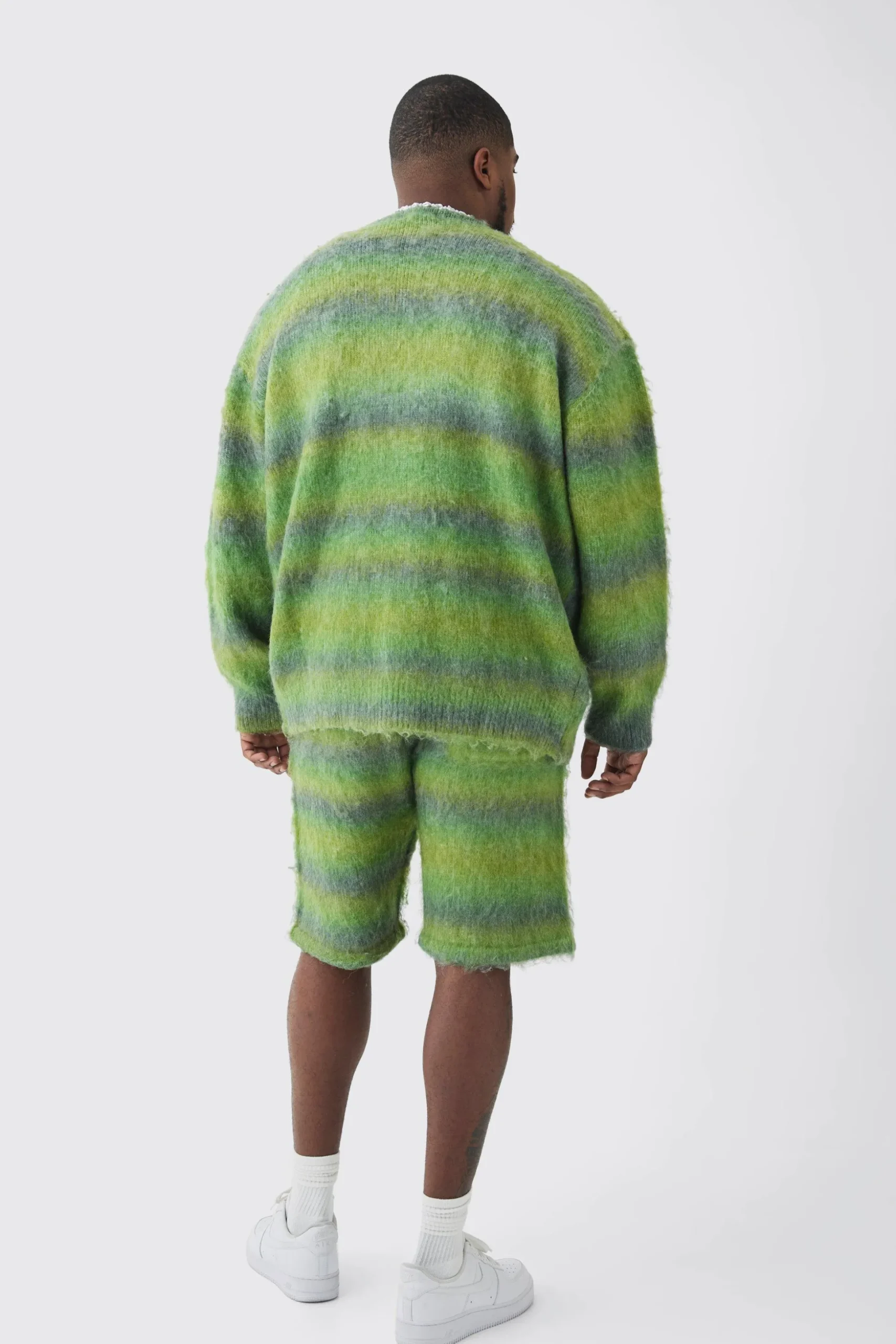 Plus Boxy Fit Knitted Brushed Stripe Cardigan | BoohooMAN UK