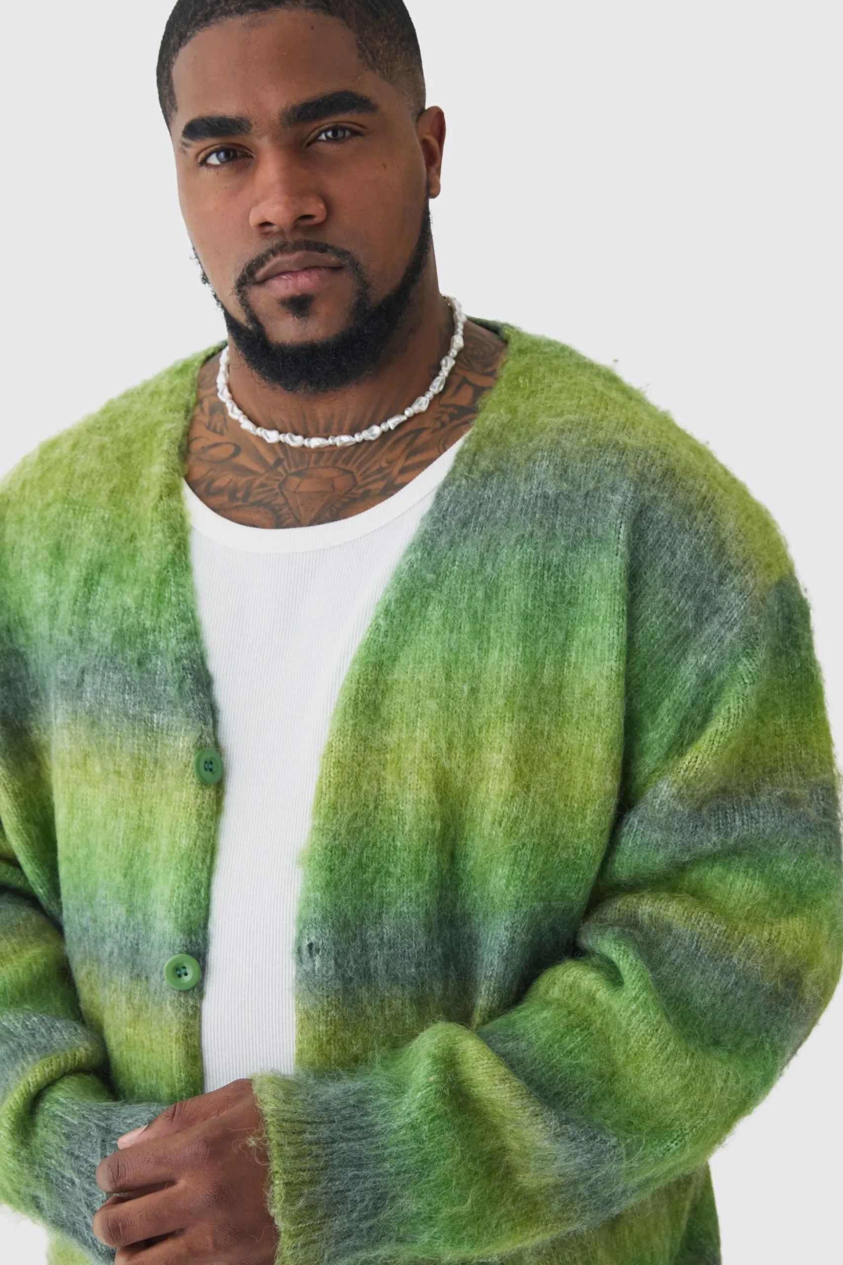 Plus Boxy Fit Knitted Brushed Stripe Cardigan | BoohooMAN UK
